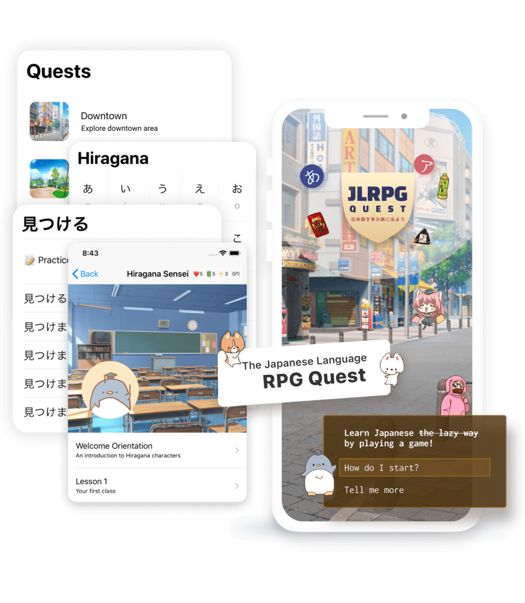 Screen and phone mocks of the Japanese RPG Quest